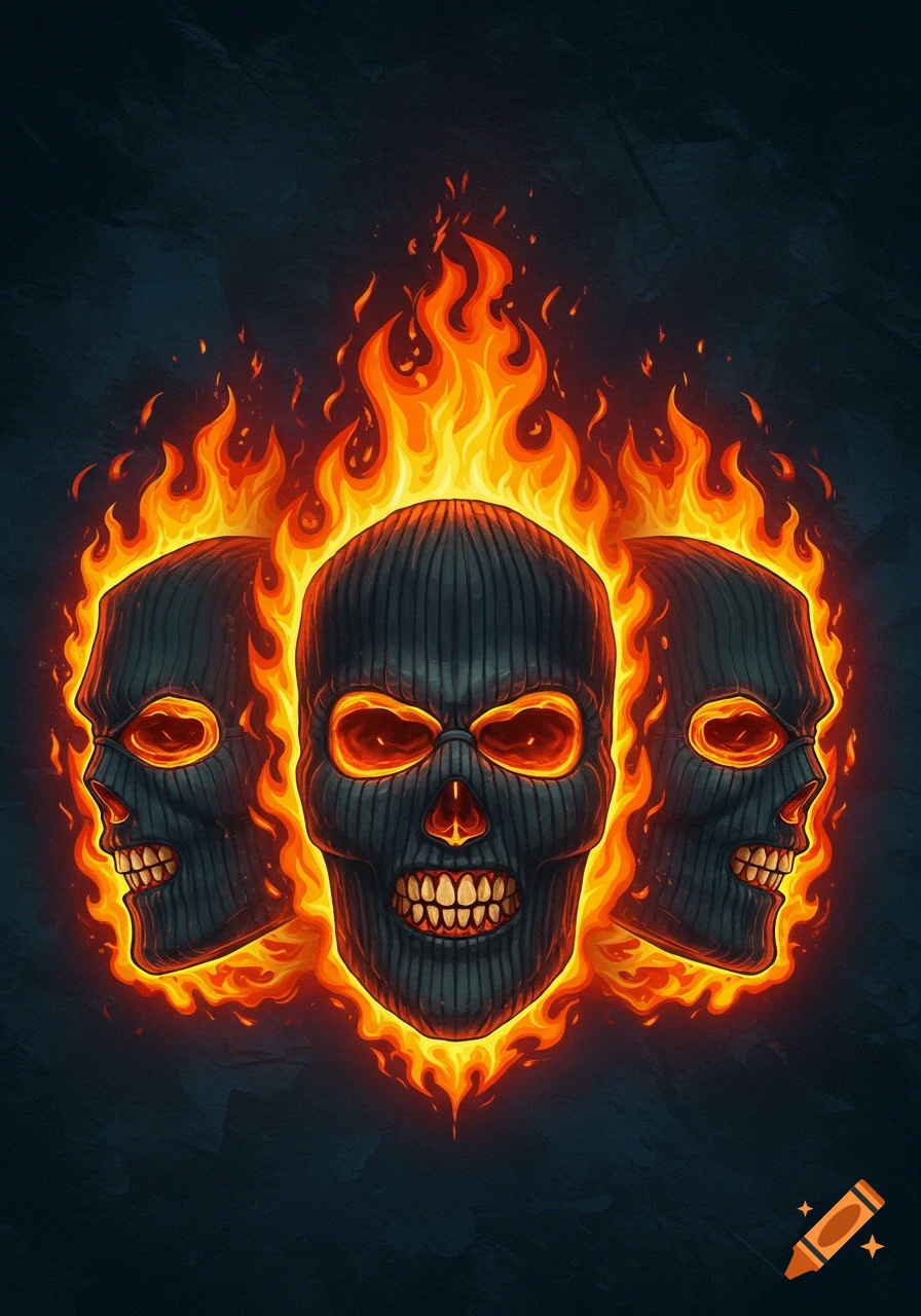 Three flaming skulls wearing ski masks on a dark background.