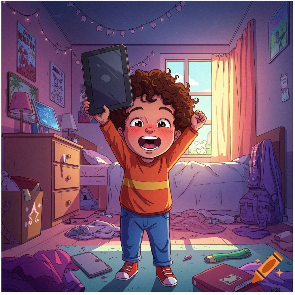 A cartoon illustration of a happy child holding a tablet in a messy bedroom.