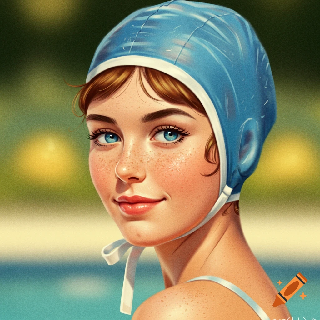 A young woman with freckles is wearing a blue vintage bathing cap at a pool.