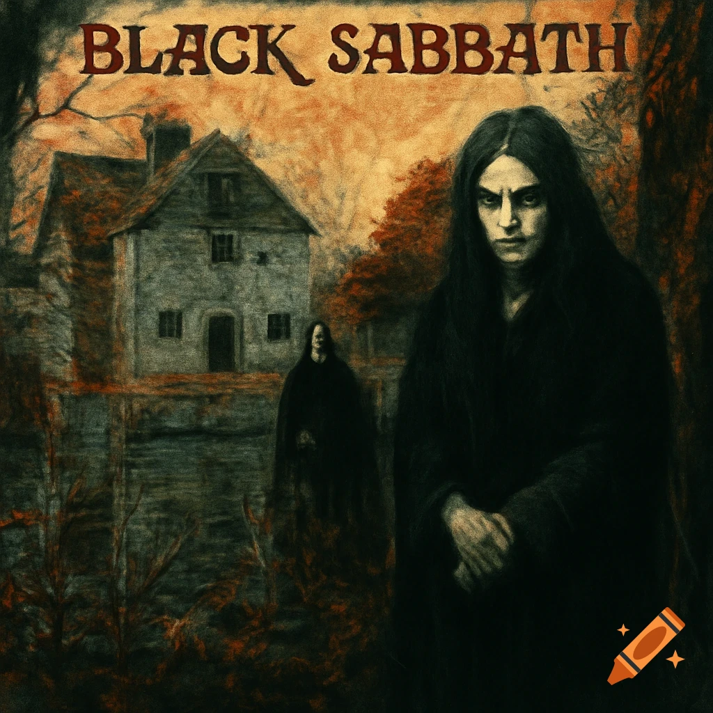 Dark painting of figures by a house with BLACK SABBATH text.