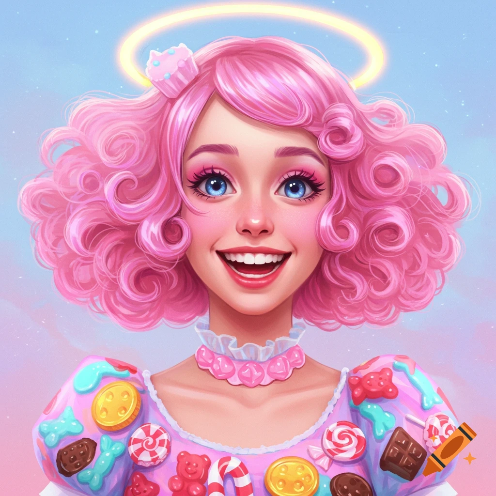A portrait of a girl with pink curly hair, blue eyes, a halo, and a candy-decorated dress.