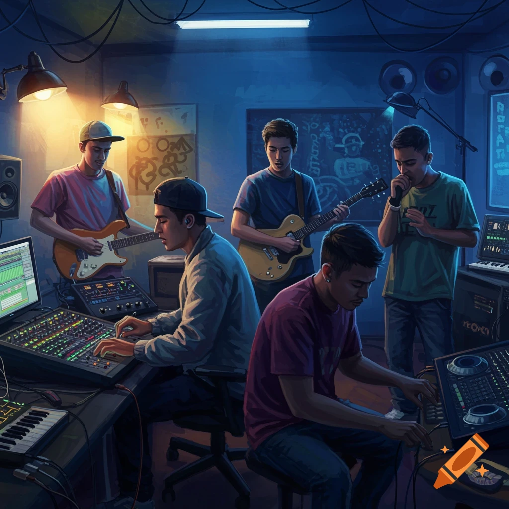 Young men playing music in a dark recording studio.