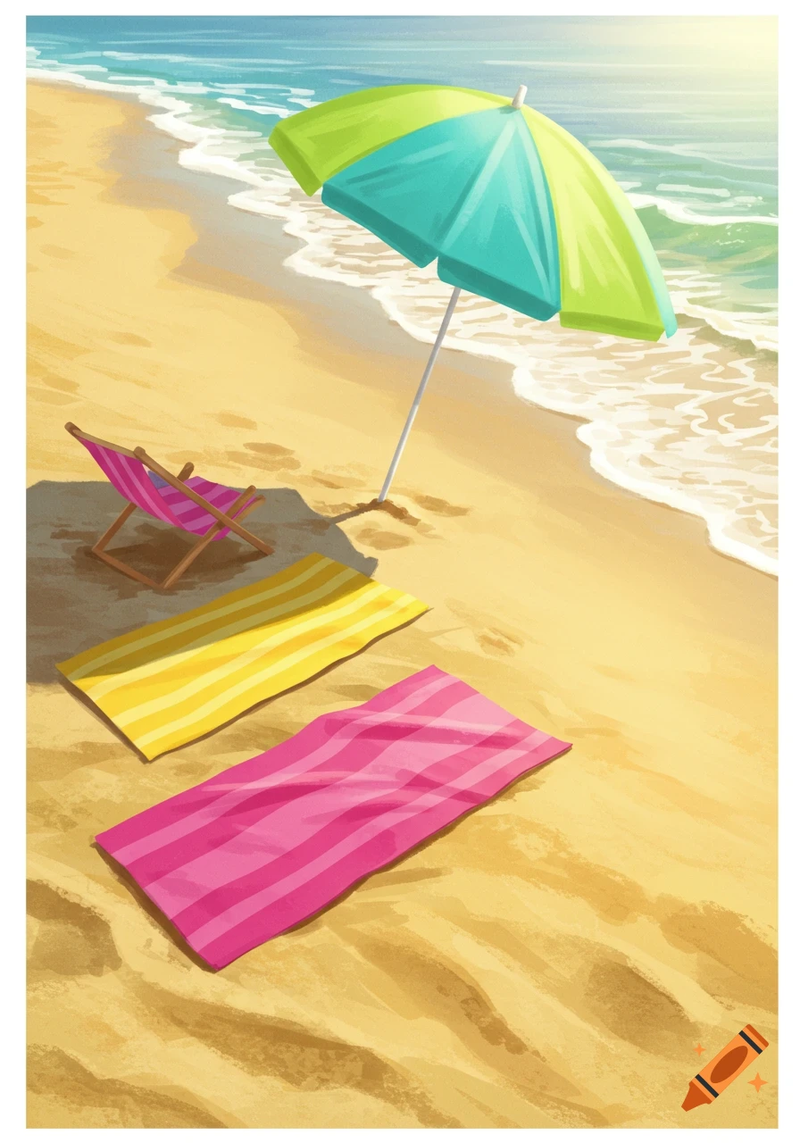 Beach with striped towels and umbrella
