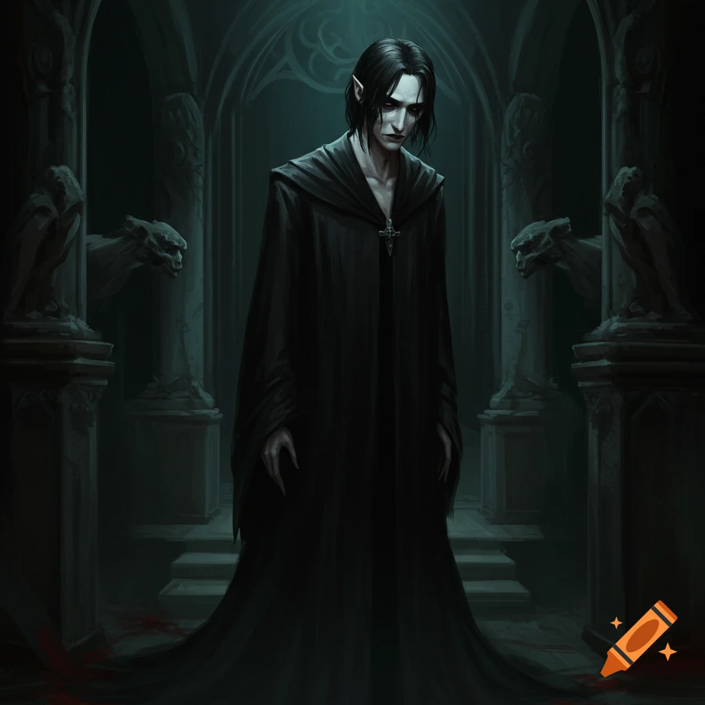 A figure in a long black robe stands in a gothic hall with gargoyles.