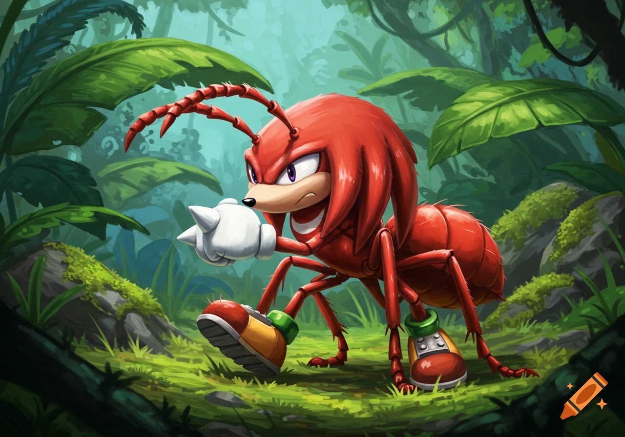 Knuckles the Echidna as a red ant standing in a jungle.