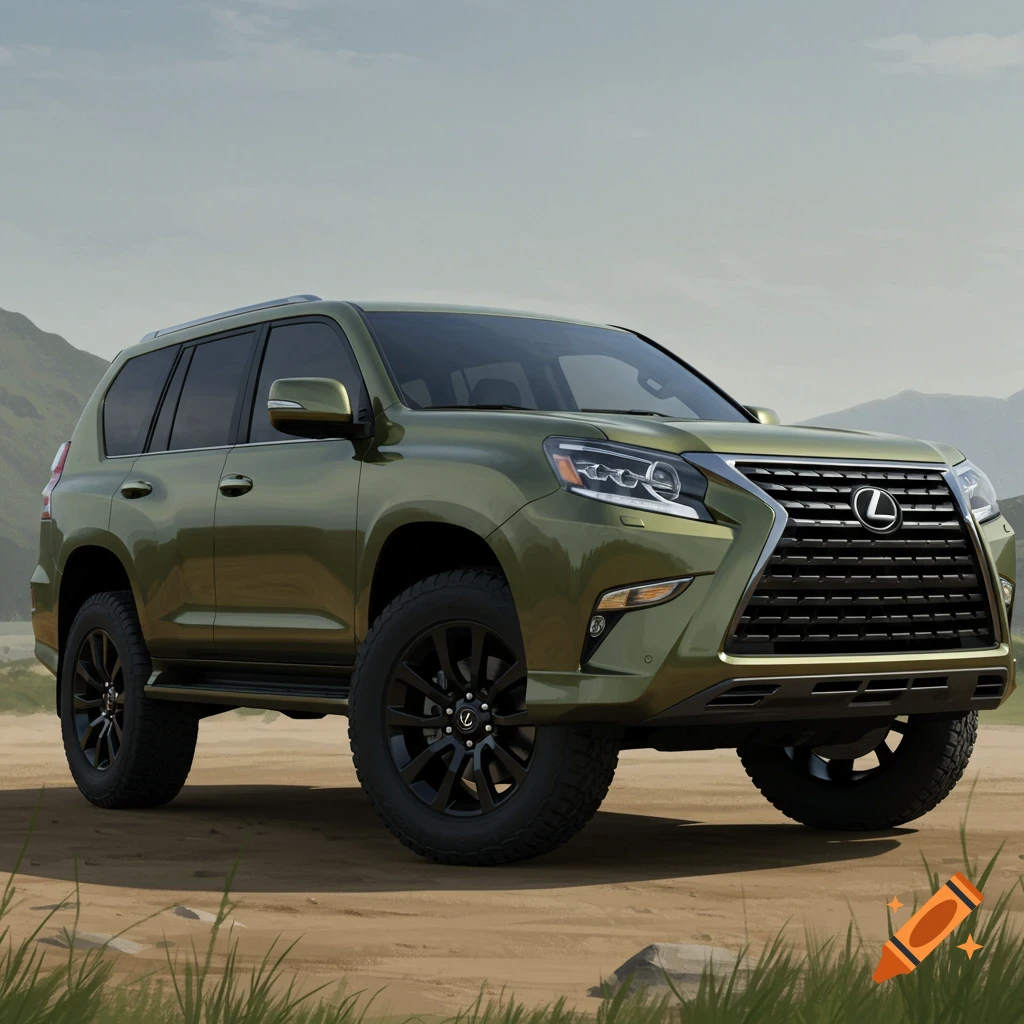 Green Lexus GX SUV on a dirt trail with mountains in background.