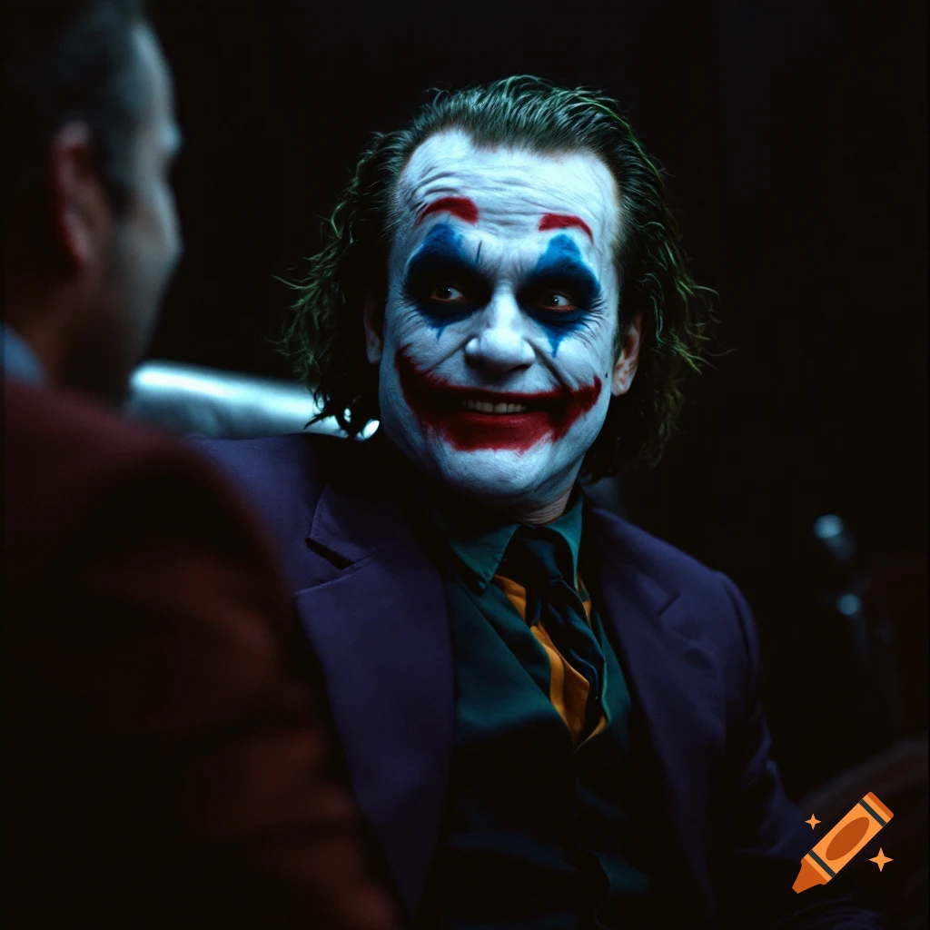 Portrait of a person in Joker makeup and purple suit smiling, in a dimly lit, grainy film style.