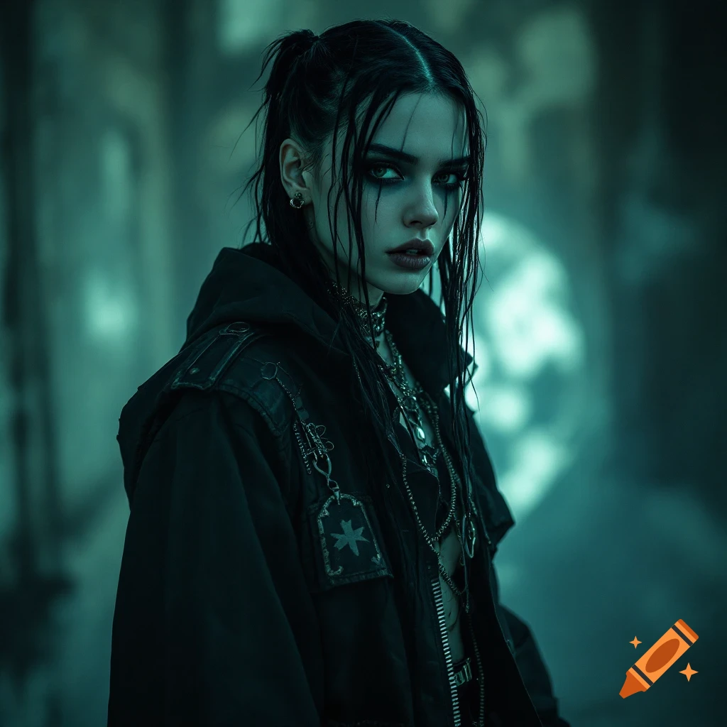 Portrait of a woman with dark makeup and layered clothing in a dark, moody setting.