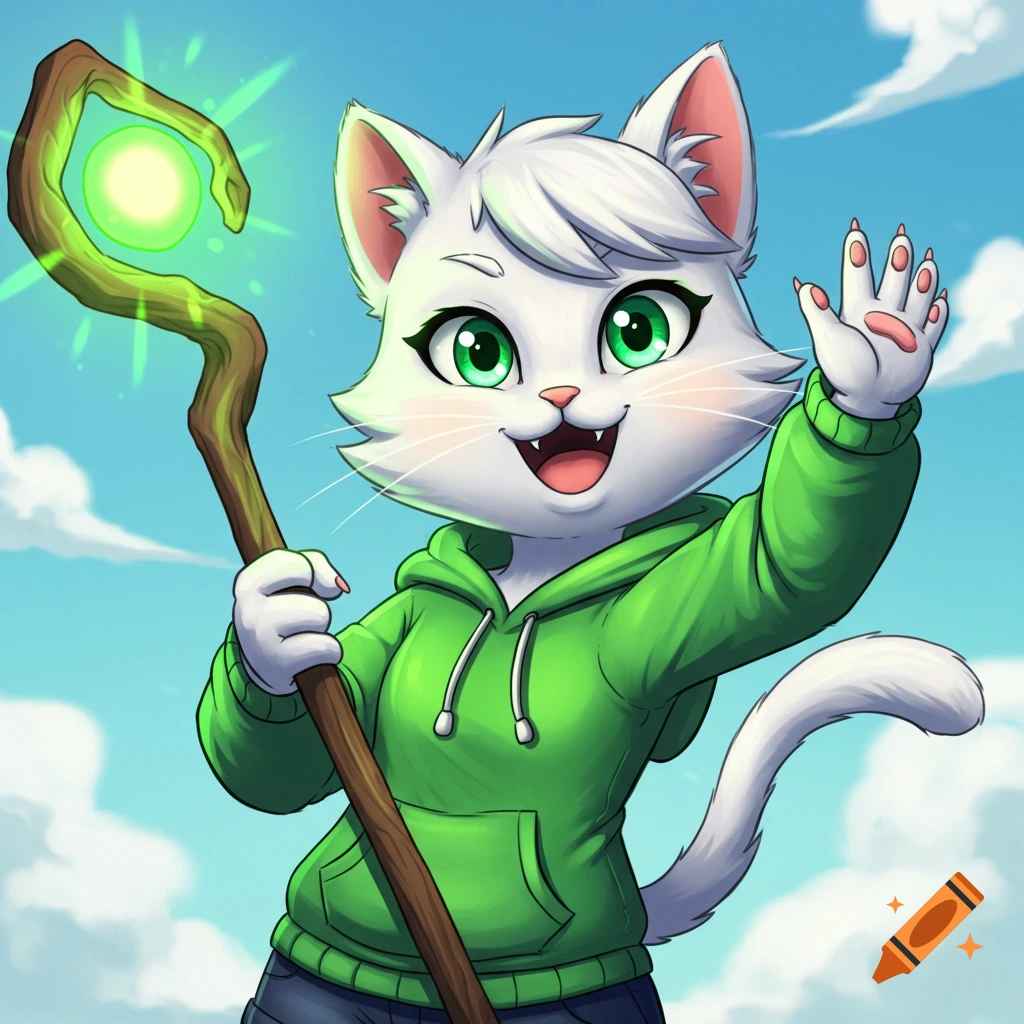 A white cartoon cat character wearing a green hoodie waves and holds a glowing staff.
