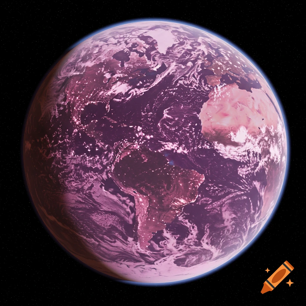Futuristic pink and purple planet Earth seen from space with city lights visible.