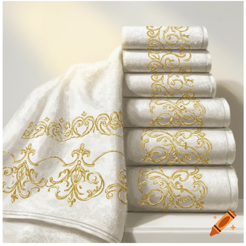 Stack of white towels with gold embroidery
