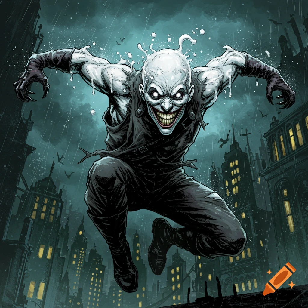 Comic art of a monstrous villain with a wide grin jumping in a rainy city.