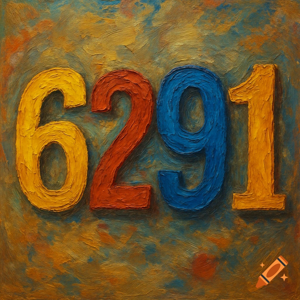The number 6291 is displayed in large, colorful numbers with a textured, painterly style.