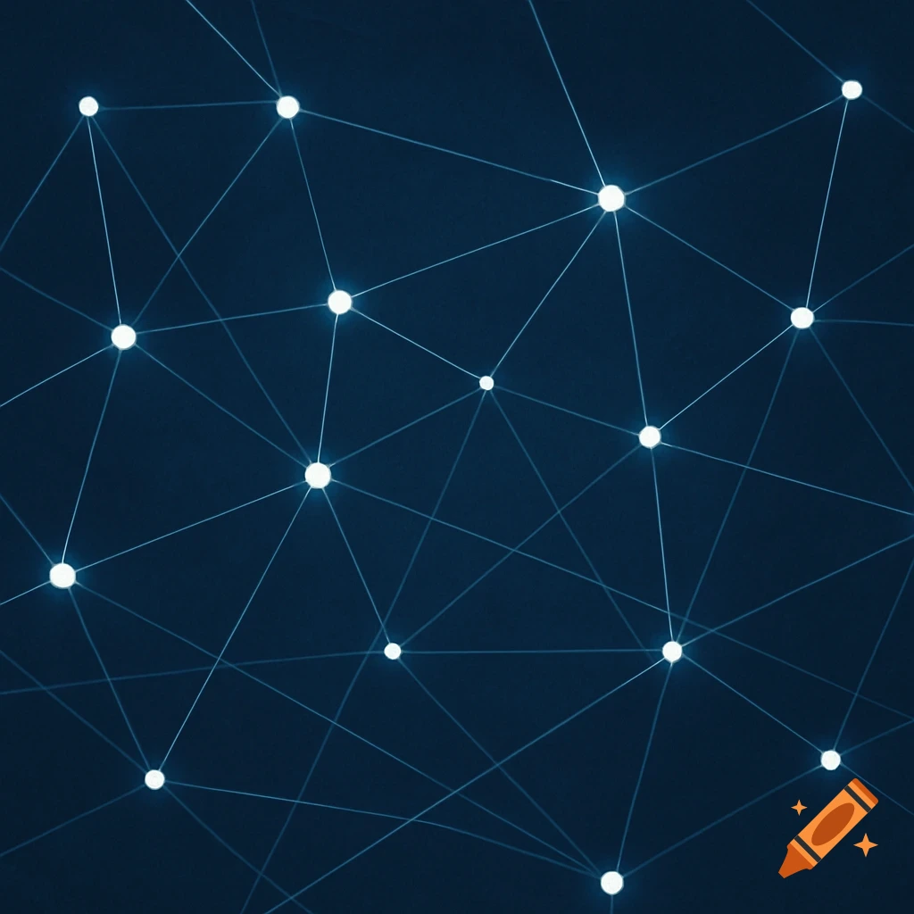 Abstract network with glowing nodes and connecting lines on a dark blue background.