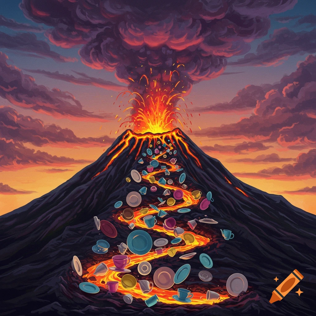 A volcano erupting with plates and cups flowing down like lava against a dramatic sunset sky.