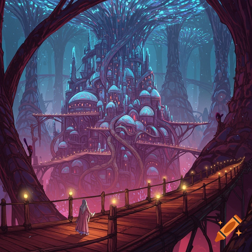 A figure walks on a bridge towards a fantasy city structure built among glowing trees.