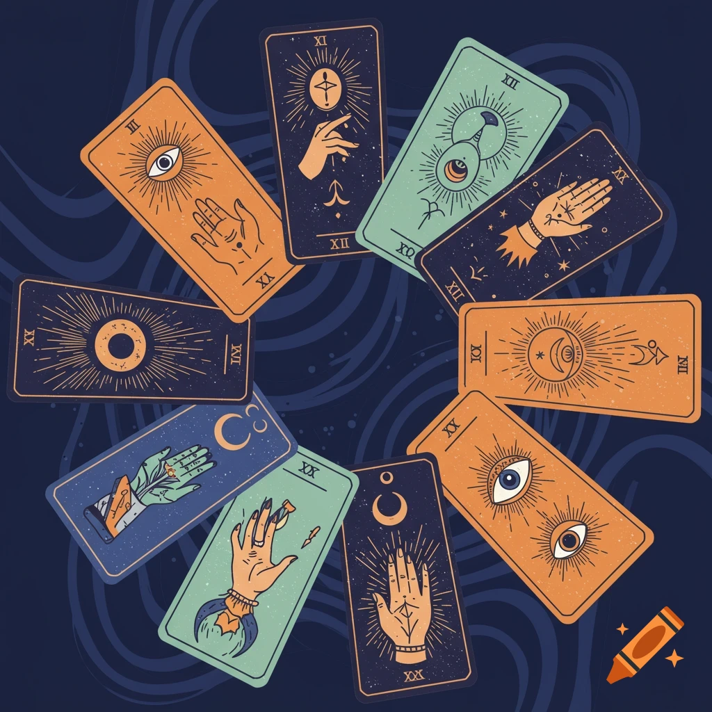 Vector illustration of scattered tarot cards with mystic symbols.