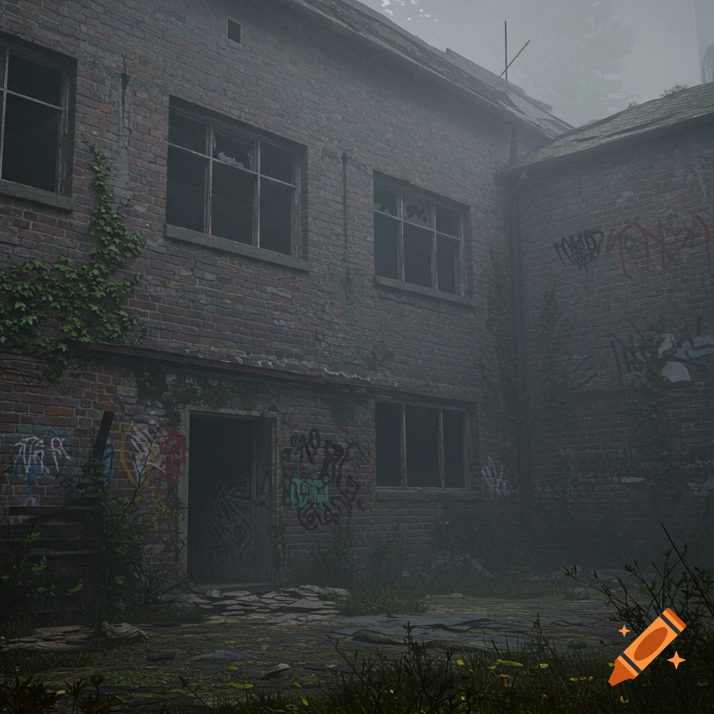 Abandoned brick building with broken windows, ivy, and graffiti, seen through fog.