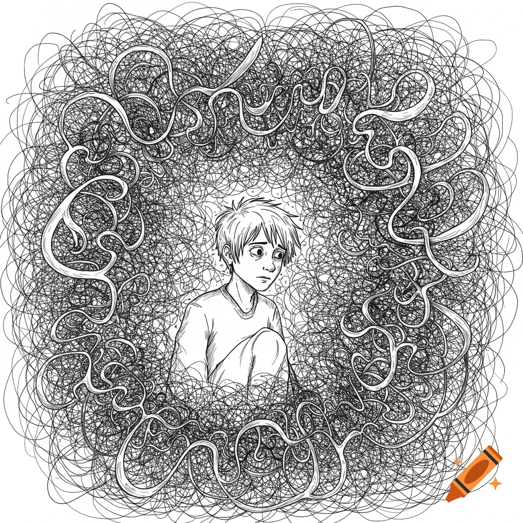 Line drawing of a sad person surrounded by swirling, tangled lines, depicting anxiety.