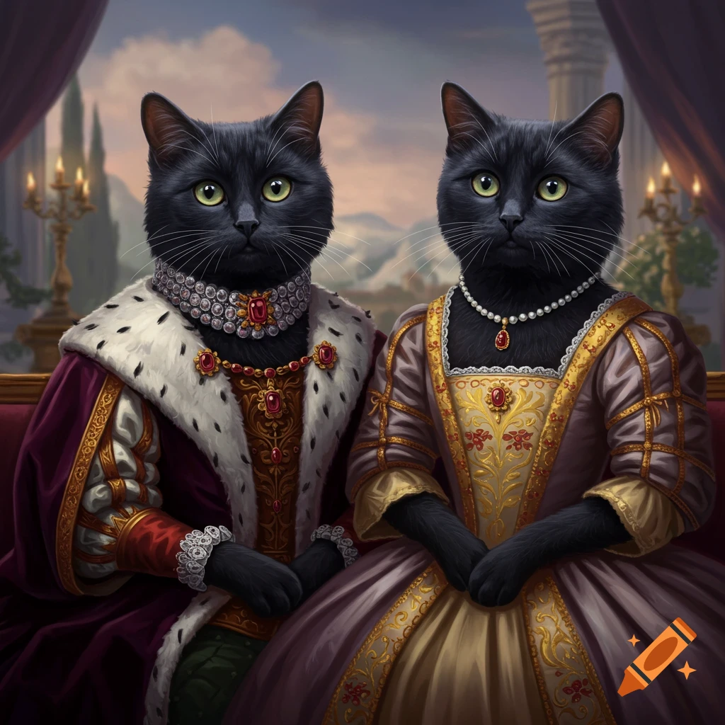 Two black cats in historical royal attire
