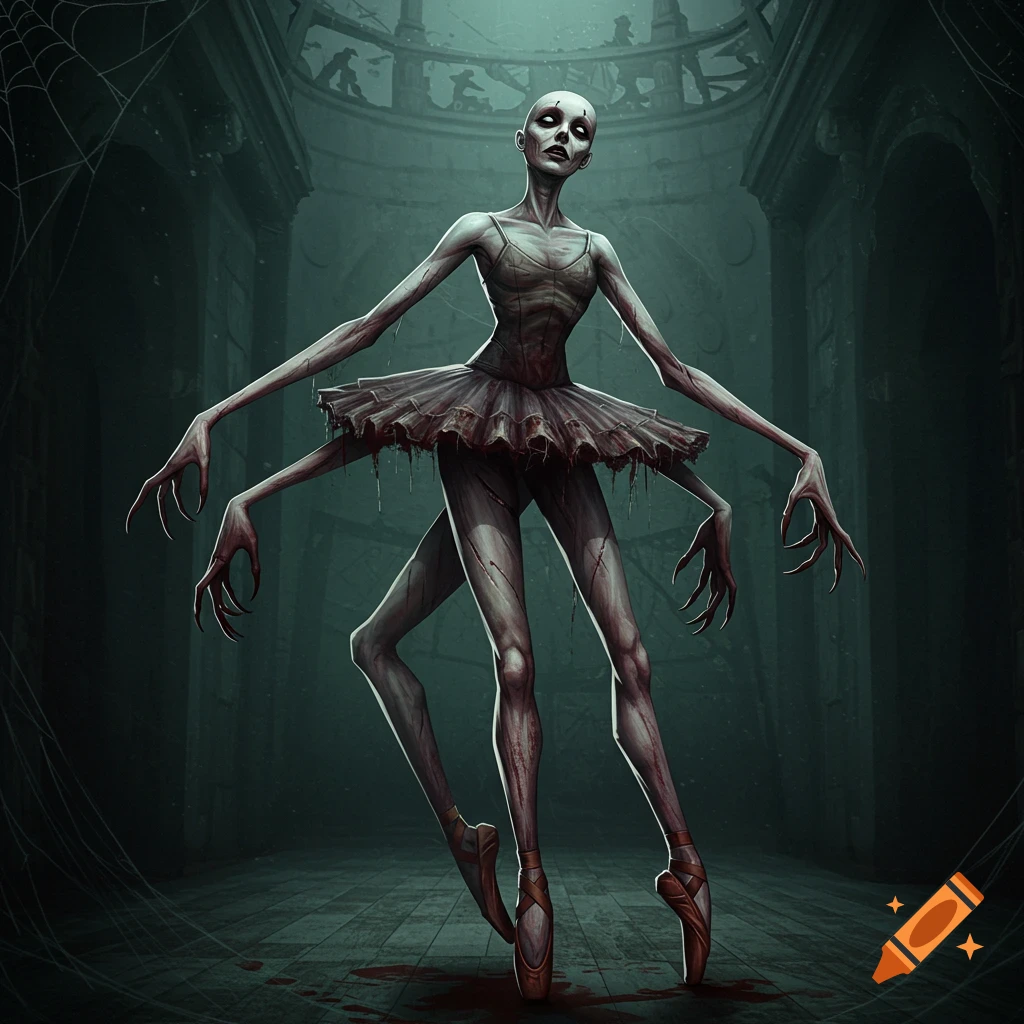 A creepy, multi-limbed creature resembling a skeletal ballerina in a dark hall with bloodstains, digital art.