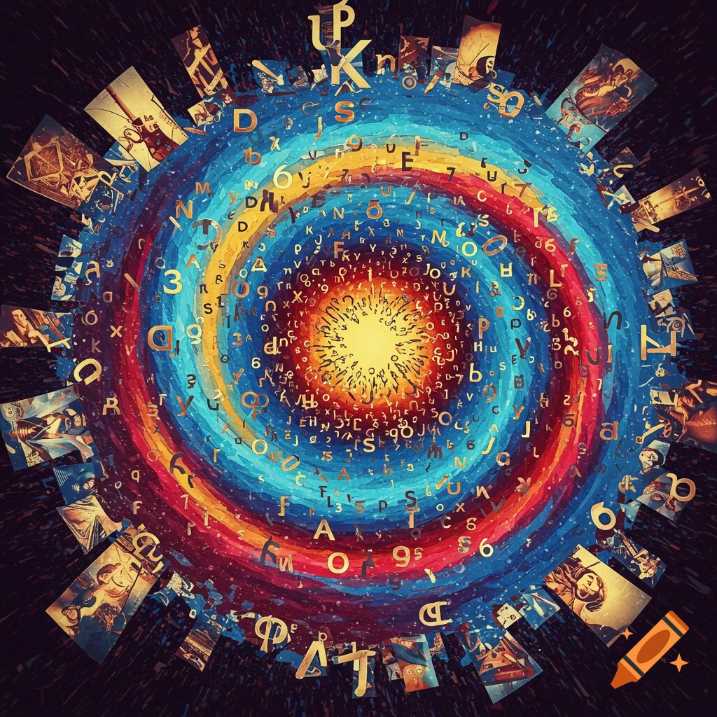 Abstract image showing a swirling vortex of letters and numbers in red, yellow, and blue, with scattered images around the edge.