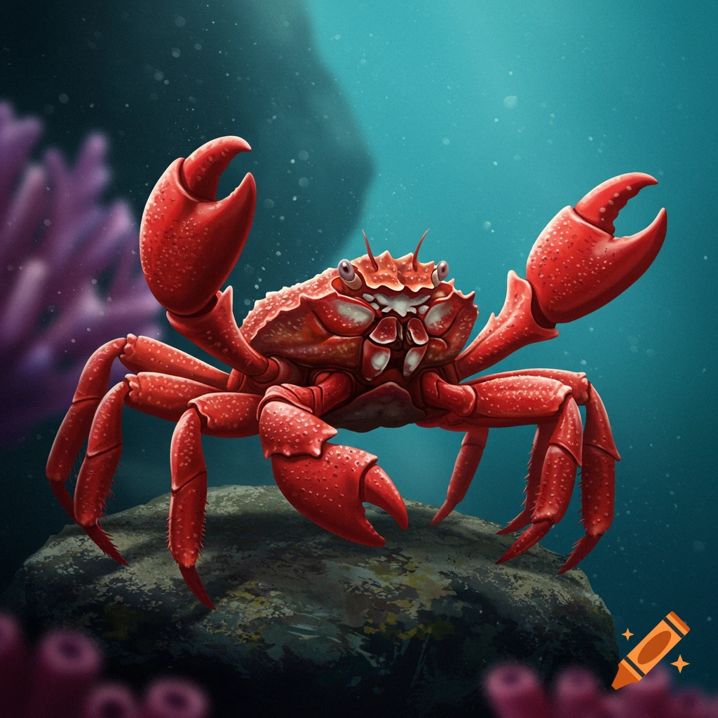 A red crab sits on a rock underwater.