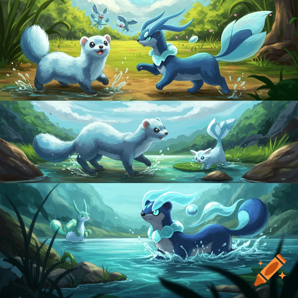 An image of evolving mink-like fantasy creatures in forest and river environments.