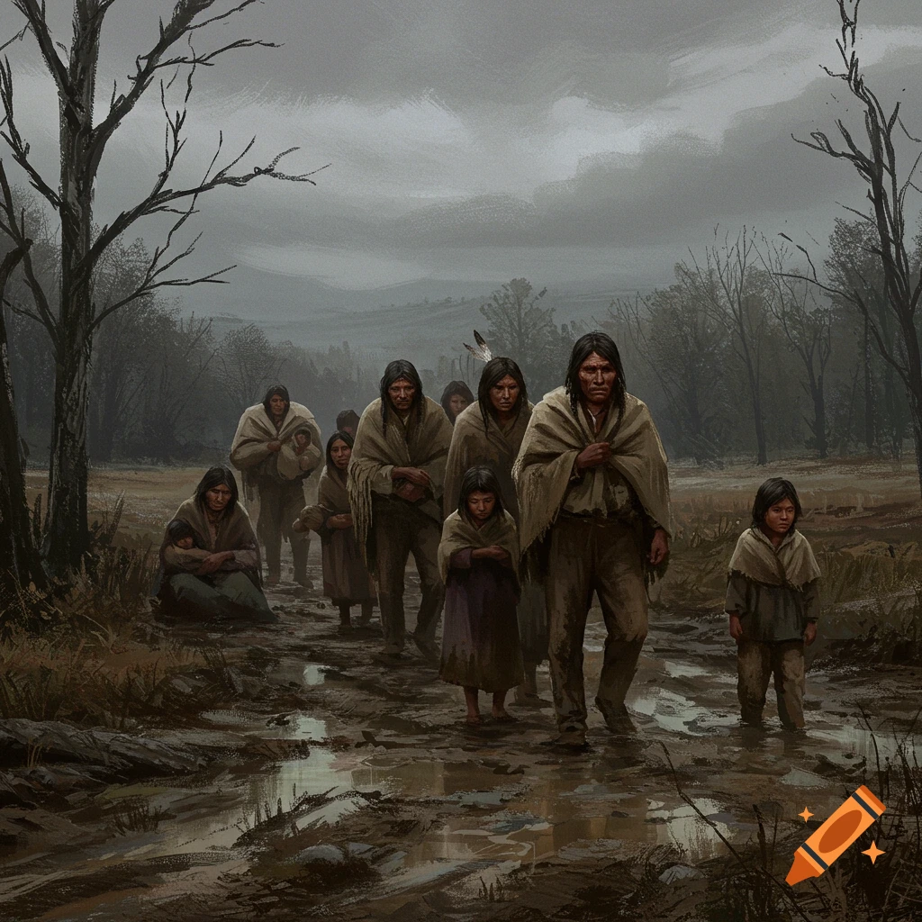 Indigenous people walking on a muddy path under a grey sky.