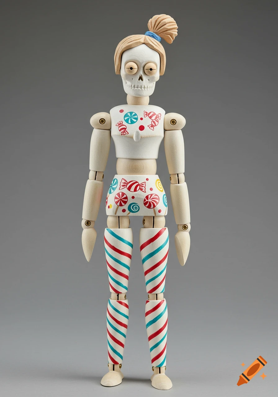 Wooden skeleton mannequin doll painted with candy and stripe patterns.
