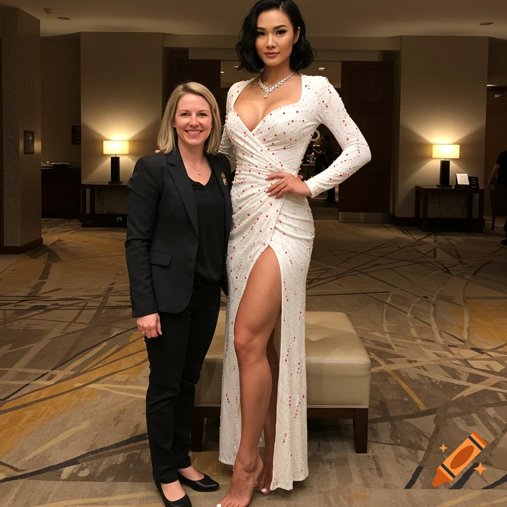 Two women pose in a hotel lobby, one in a long white dress with a slit, the other in a black suit.