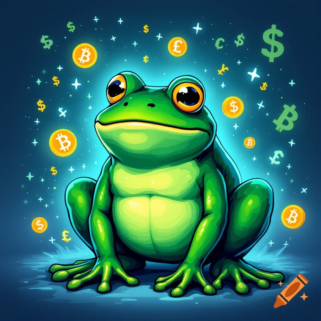 A green cartoon frog is surrounded by floating gold dollar signs, pound signs, and Bitcoin symbols in a digital art style.