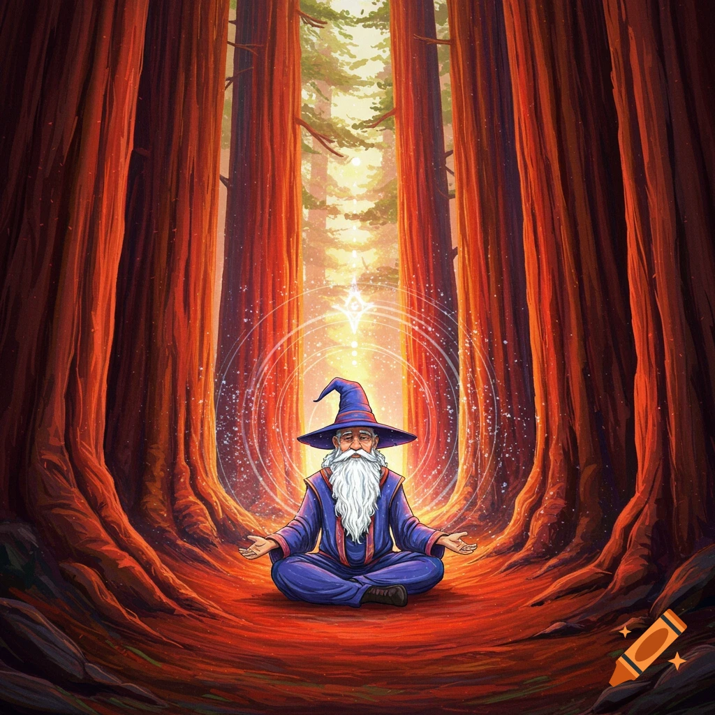 A wizard sits cross-legged meditating in a forest of towering redwoods with glowing magical energy.