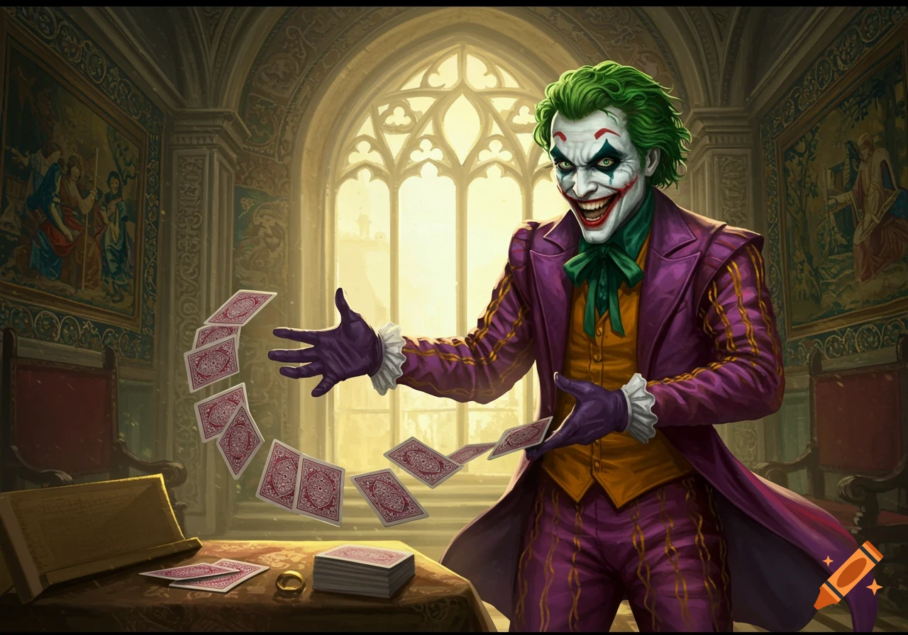 The Joker shuffles playing cards in an ornate room