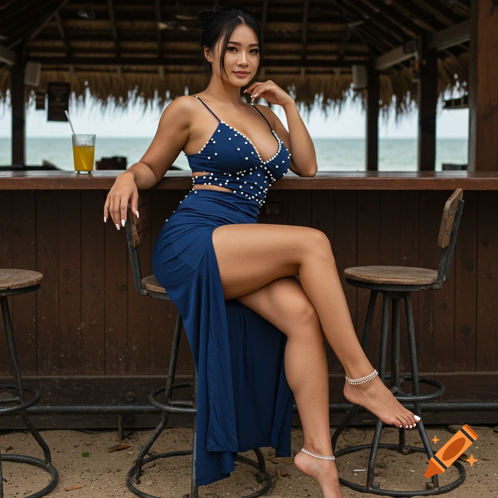 Woman in blue dress with pearls and high slit sits at beach bar