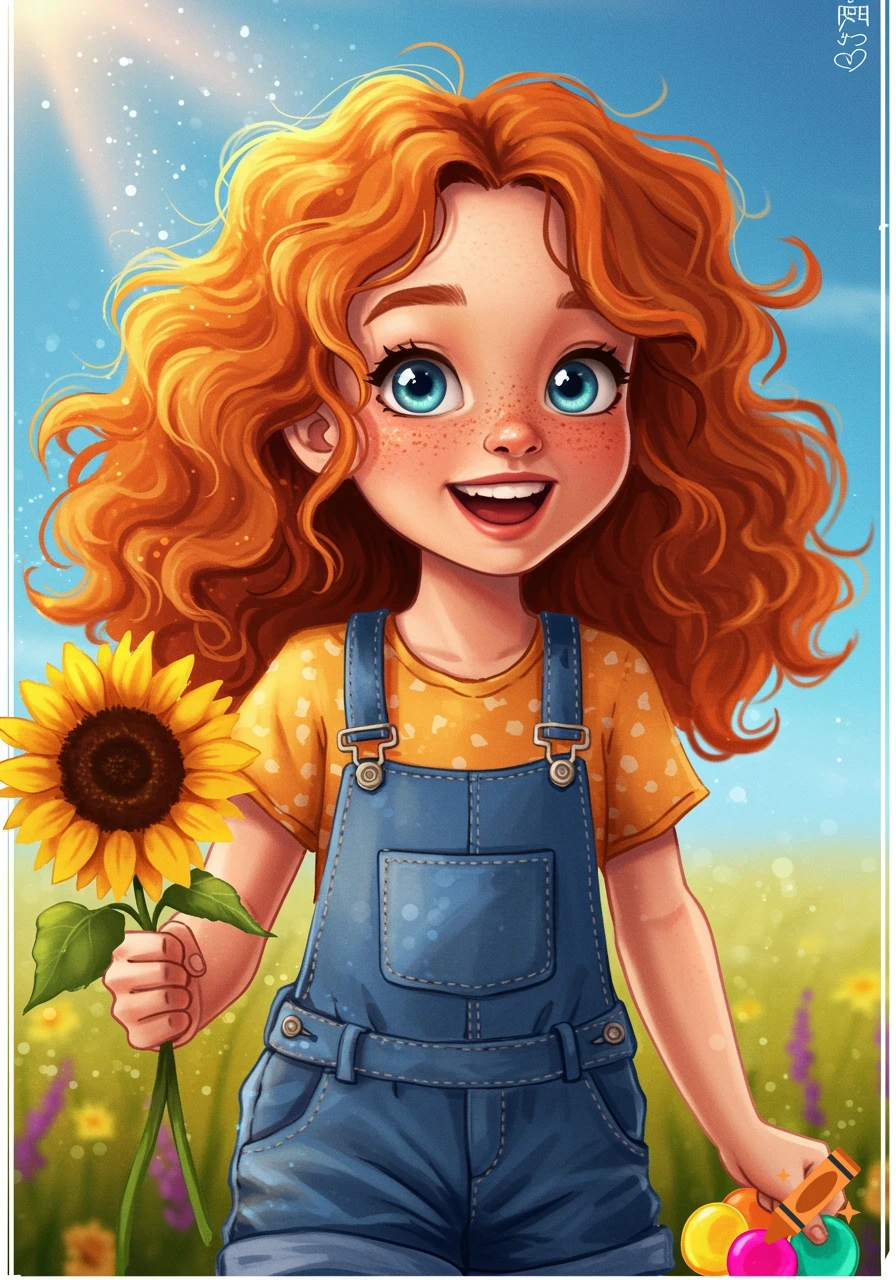 A cartoon ginger girl with freckles holds a sunflower in a sunny field.