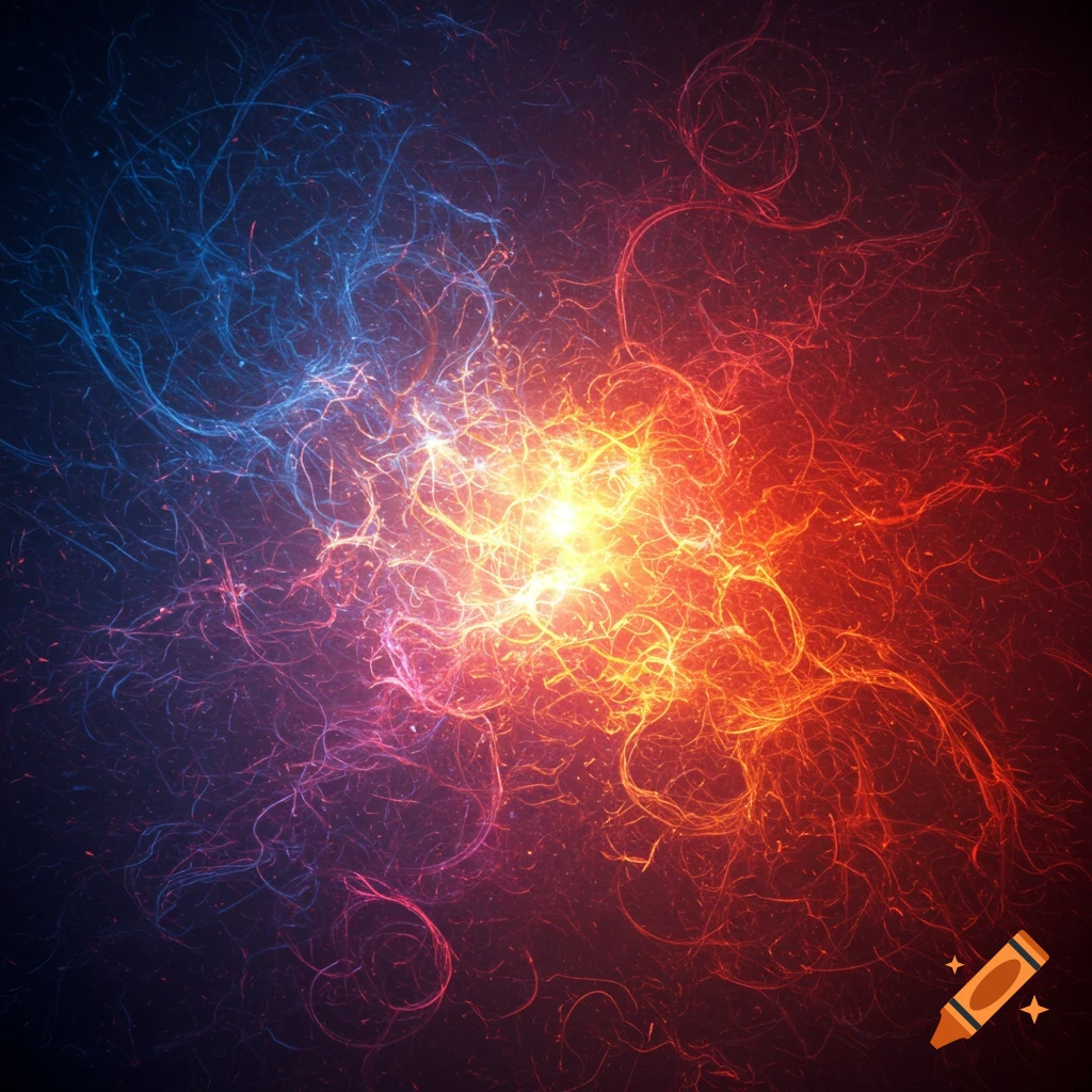 Abstract image of glowing blue and red energy lines radiating from a central bright point.