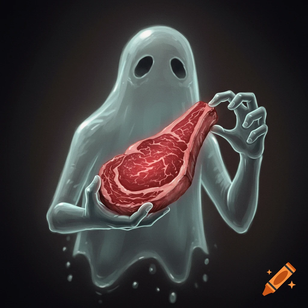 A translucent ghost figure is holding a raw ribeye steak