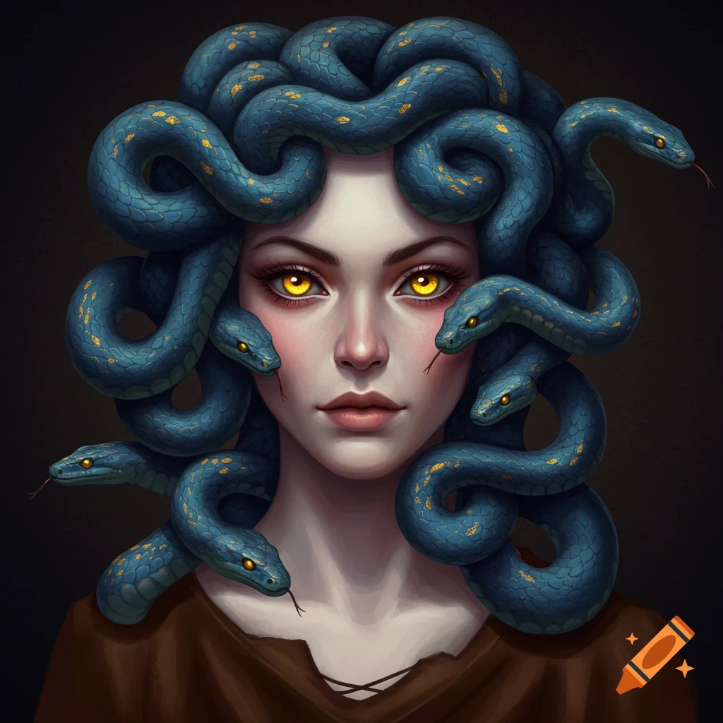 A gorgon woman with blue snakes for hair and golden eyes.