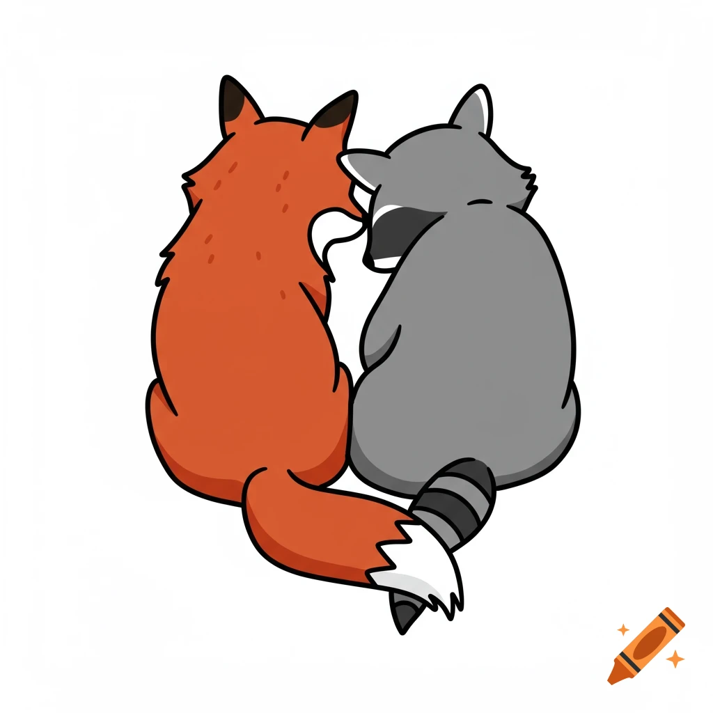 Cartoon vector graphic of a fox and raccoon sitting together, viewed from behind, with their tails forming a heart shape.