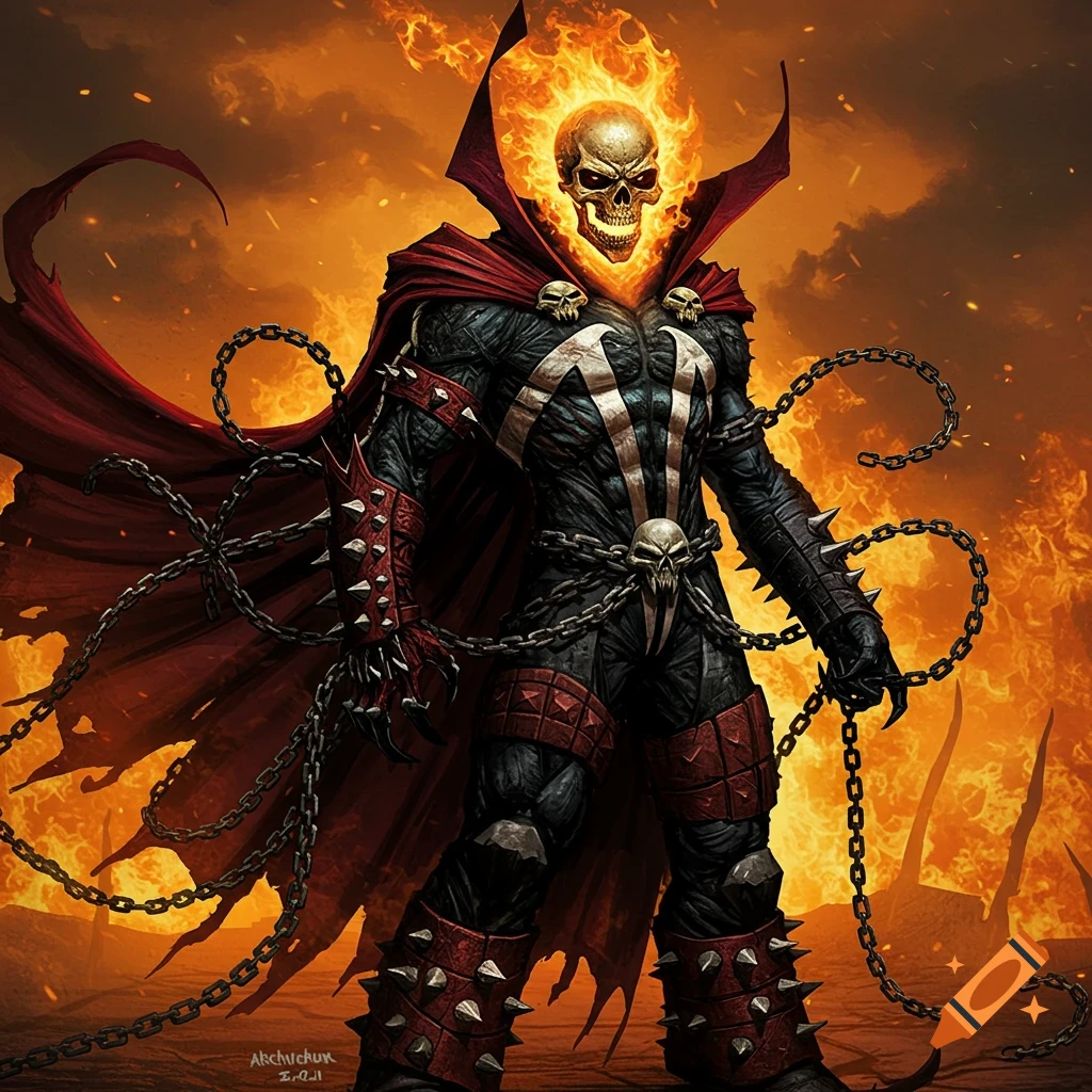 A flaming skull character in a red cape, black suit with chains and spikes, standing in a fiery landscape.