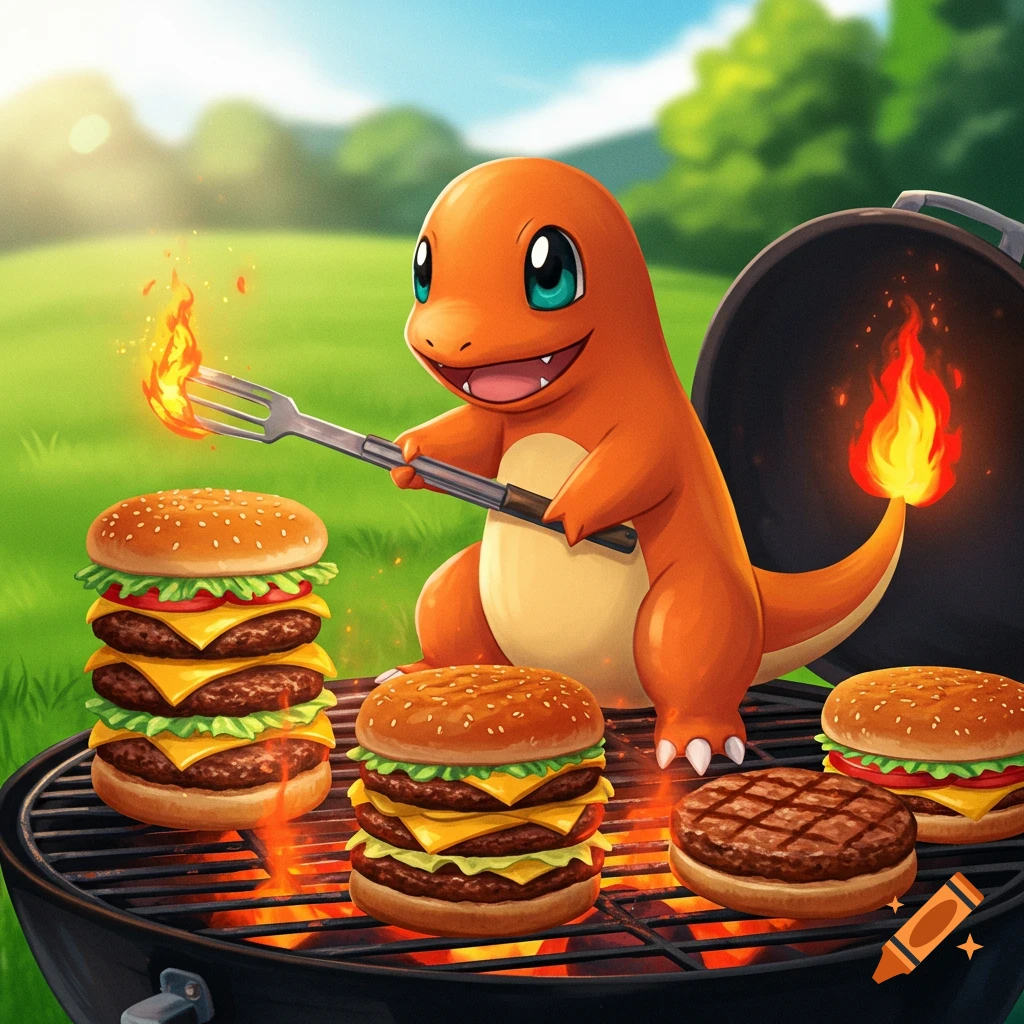 Charmander grilling burgers on an outdoor grill