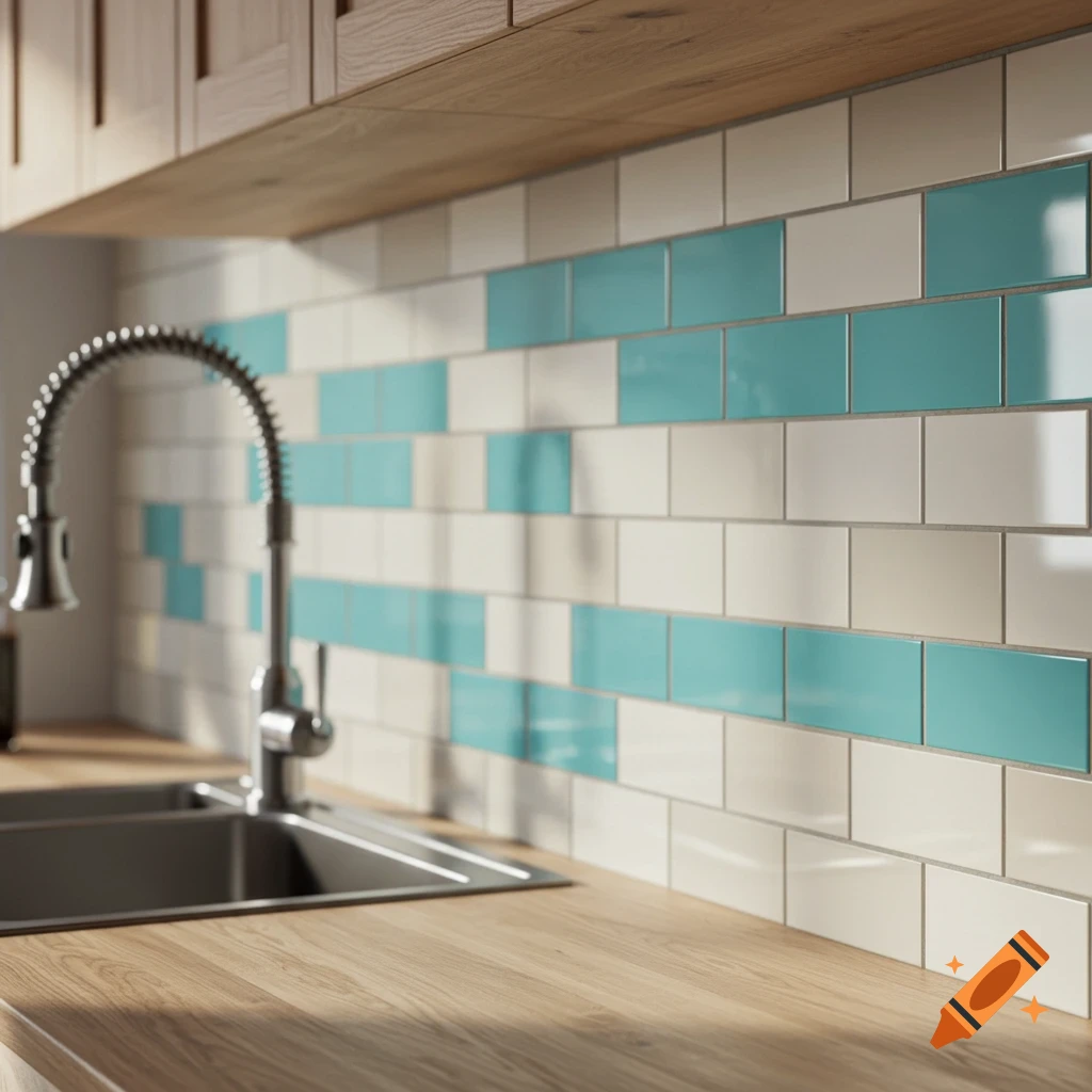 Photorealistic rendering of a kitchen backsplash with cream and blue subway tiles, a sink, and a wooden counter.