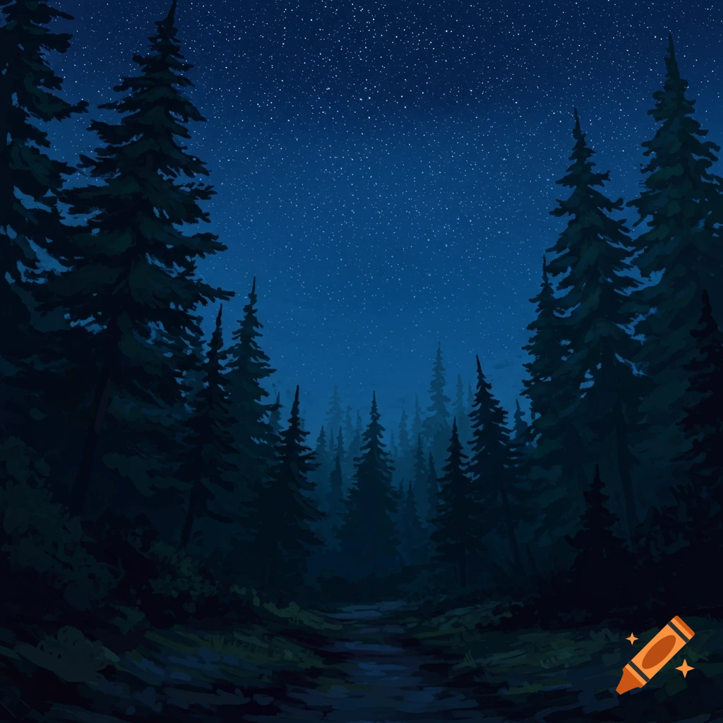 a forest path at night under a starry sky.