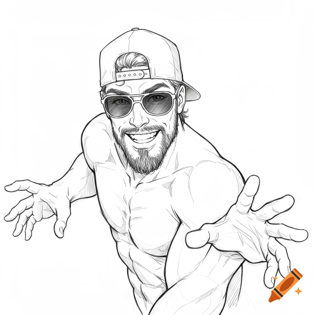 Line art sketch of a muscular man in a backwards cap and sunglasses reaching forward with a grin.