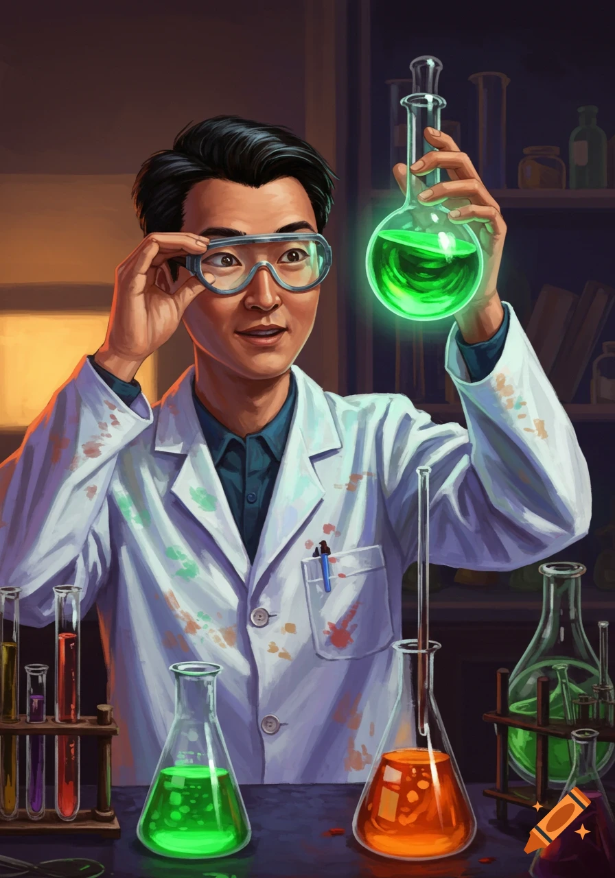 A scientist holds a glowing green flask in a laboratory.