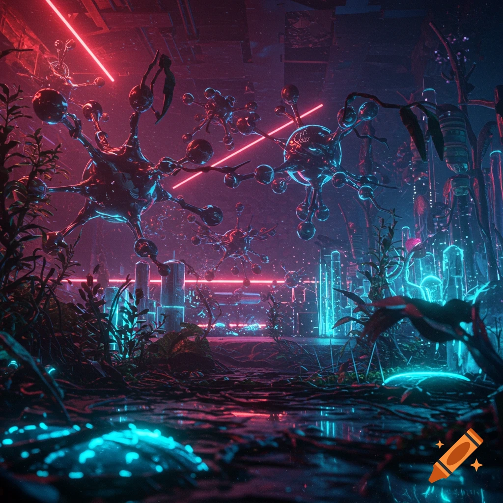 A dark science fiction scene with glowing structures resembling nano machines illuminated by red and blue neon lights.