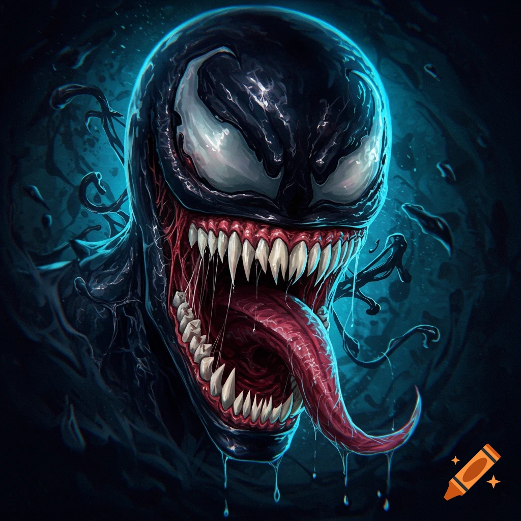 Close-up of Venom's face with sharp teeth and tongue.