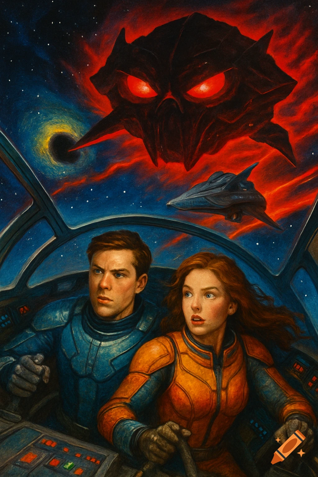 Illustration of two people in a spaceship cockpit looking at a giant red evil ship in space.