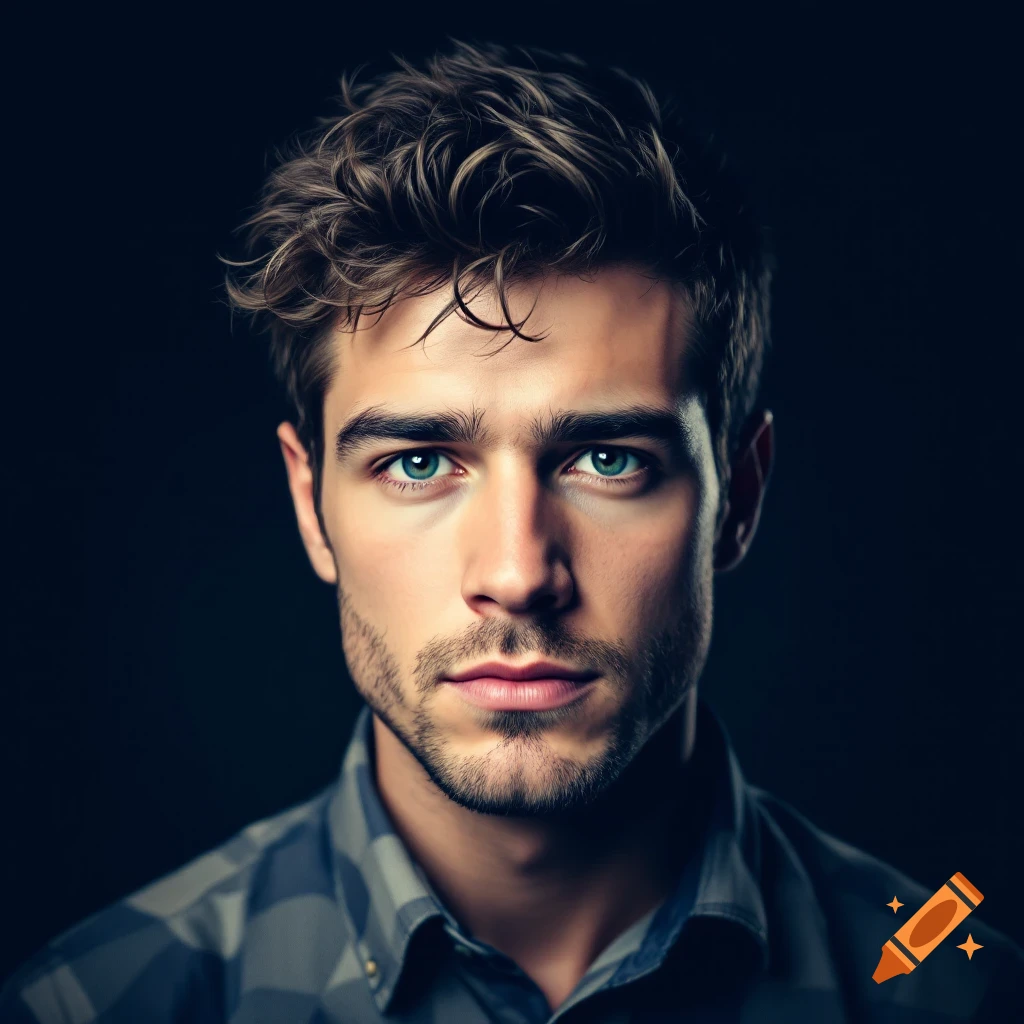 Close-up portrait of a young man with wavy brown hair and blue eyes wearing a checkered shirt.